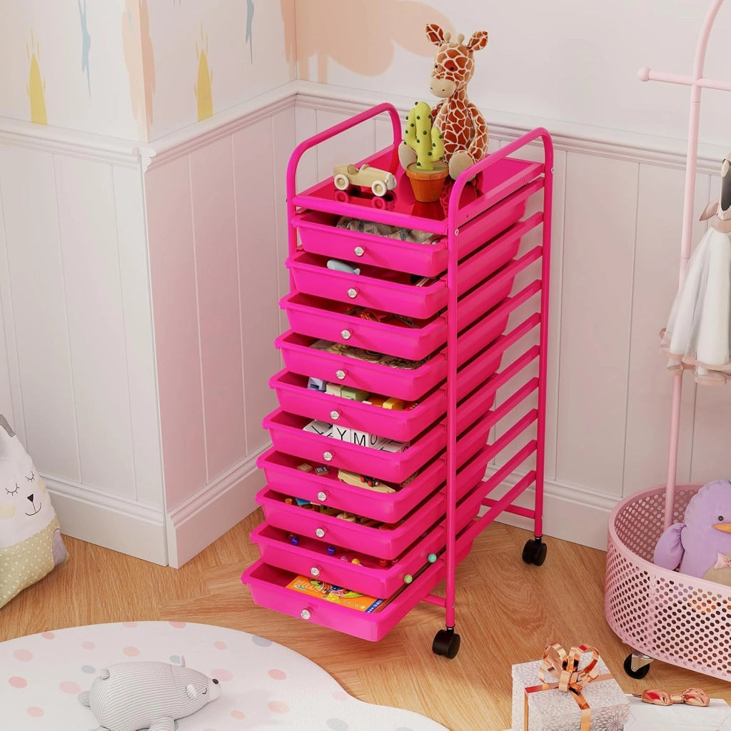 Carrello con 10 Cassetti da Stoccaggio, Cassettiera di Metallo e Plastica, Contenitore Multiuso con Ruote a Freno, per Casa e Ufficio (Rosa)