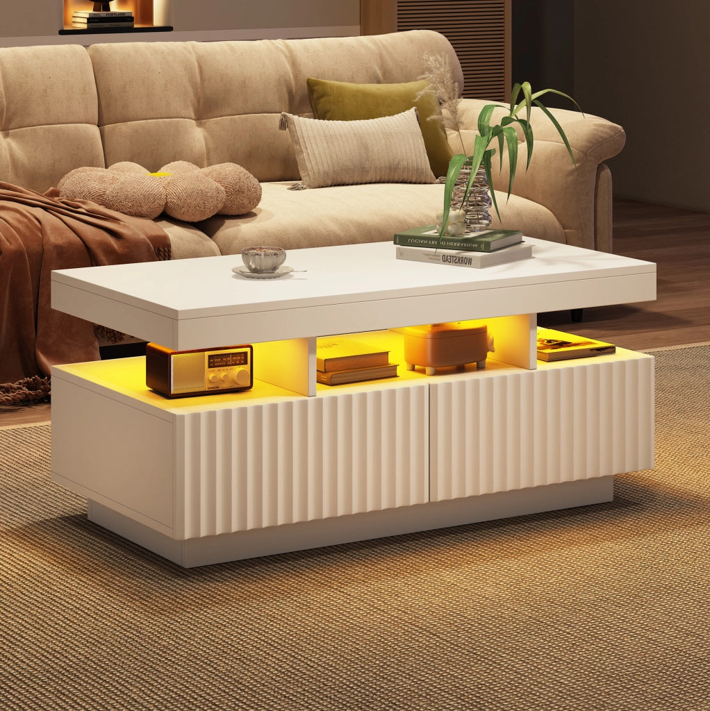 Tavolino da salotto 100 x 50 x 45 cm con 2 cassetti; LED controllato da app; bianco