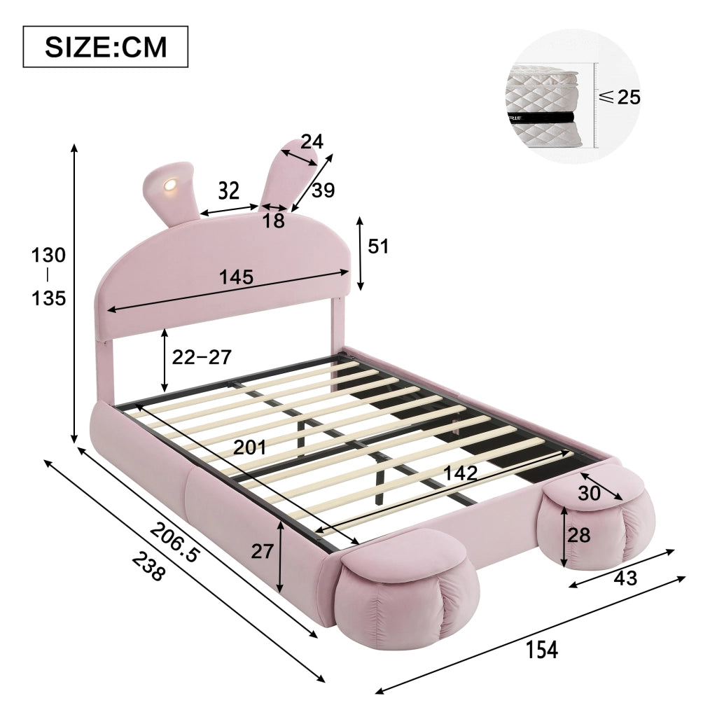 Letto Matrimoniale 140x200 in Velluto Rosa con Contenitore Idraulico e Orecchie da Coniglio