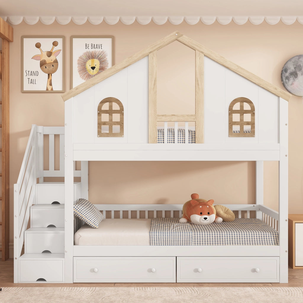Letto a castello per bambini 90 x 200 cm a casetta; pino e MDF; scala contenitore; bianco e legno naturale