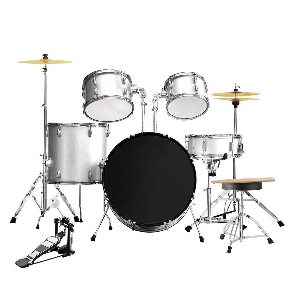 Kit Batteria Bambini Principianti 5 Pezzi Basso Tom Rullante Trono Piatto Pedale Hi-Hat Bacchette 558.8 mm Argento