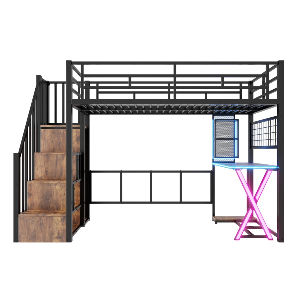 Letto a Soppalco 90x200 cm con Scrivania; Armadio; LED; Scala e Sponde; Nero