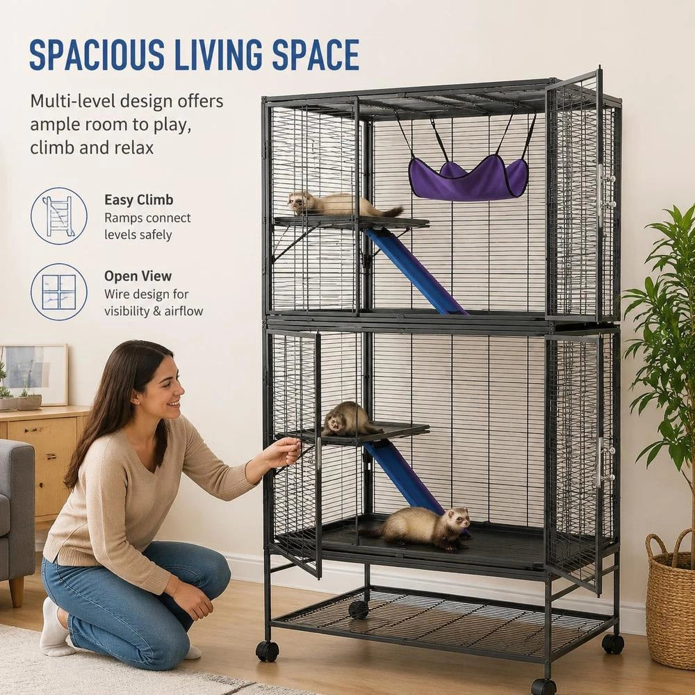 64.6" Rolling Metal Ferret Cage, Large 4-story Critter Nation Cage, Small Animal Cage With Ramps And Tray, Easy To Assemble For Pet Rats, Hamsters, Guinea Pigs, Chinchillas, Squirrels, Hedgehogs, Rabbits