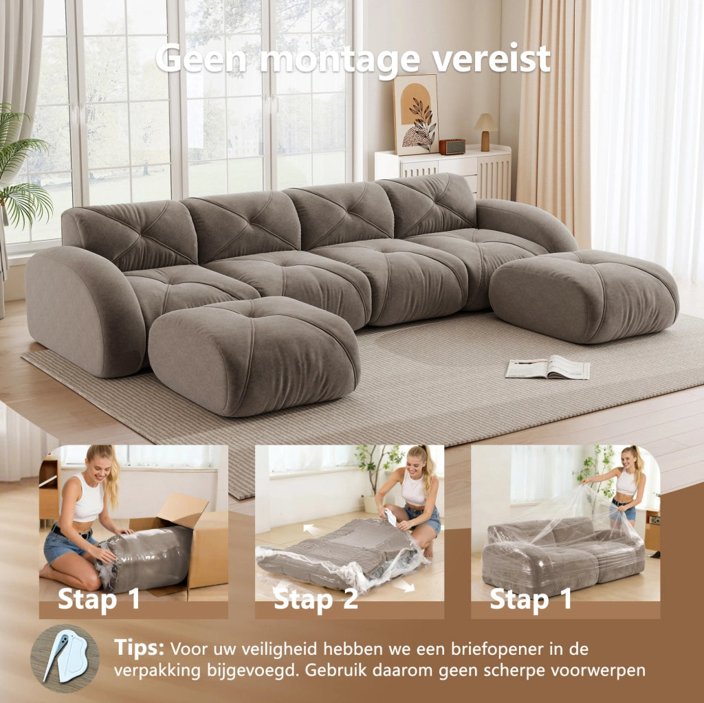 Divano modulare 2 posti taupe con 2 pouf, rivestimento in chenille senza struttura