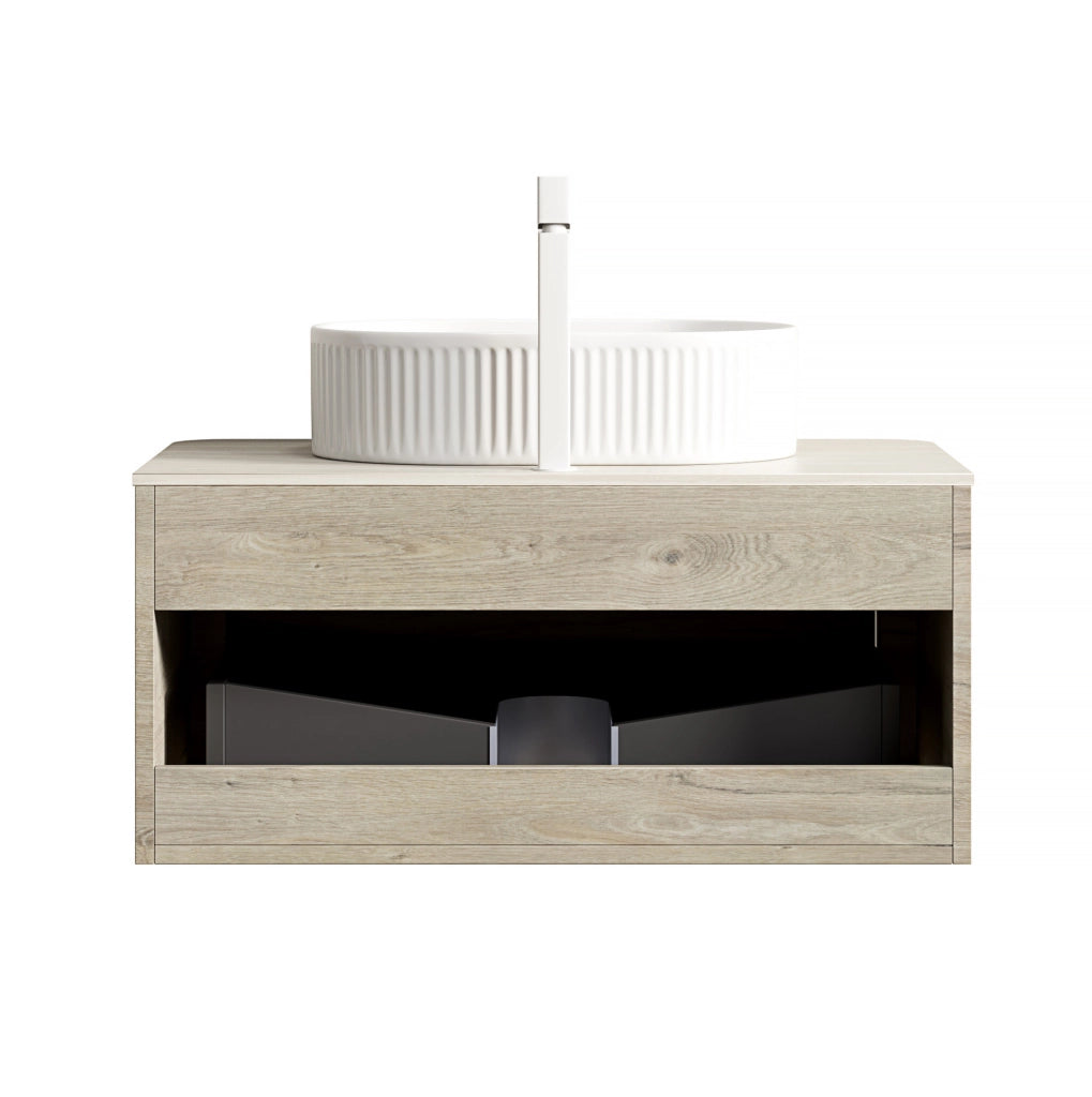 Mobile bagno sospeso 80 cm con lavabo ovale bianco in ceramica e piano in travertino sinterizzato, armadietto in multistrato effetto quercia crema con cassetto