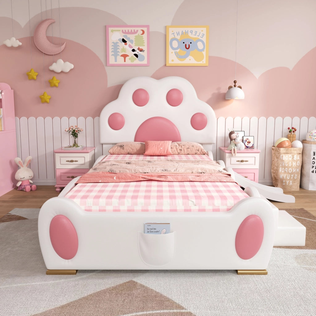 Letto singolo 90 × 200 cm con scivolo e scala a due gradini rivestito in PU bianco e rosa con testiera a zampa