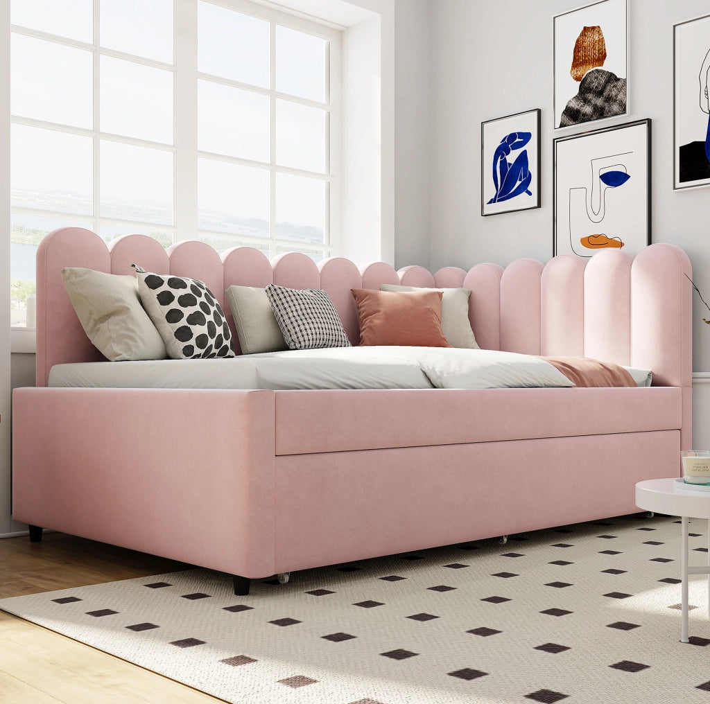 Divano letto angolare imbottito 140x200 cm con schienale floreale e letto estraibile in tessuto di velluto rosa