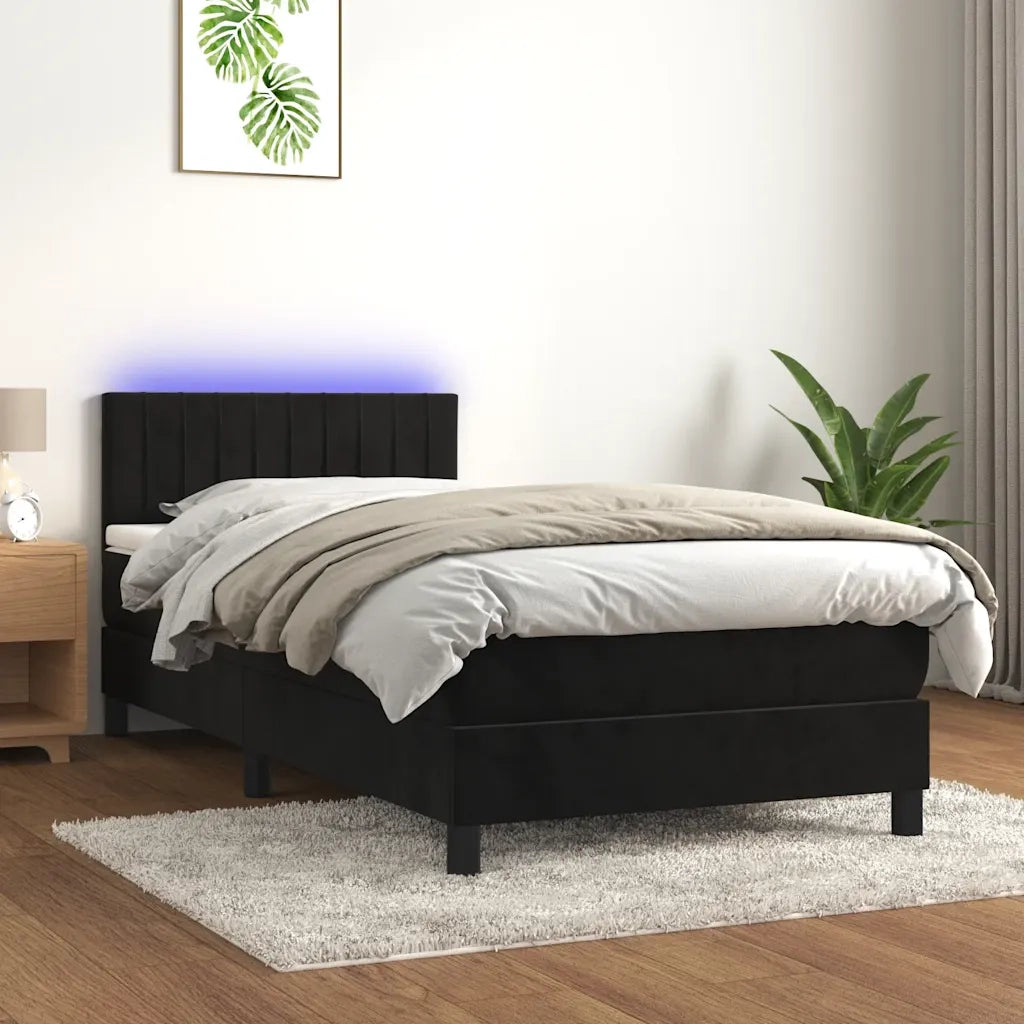 Letto singolo | Letto per adulti | Letto a Molle con Materasso e LED Nero 90x200 cm in Velluto