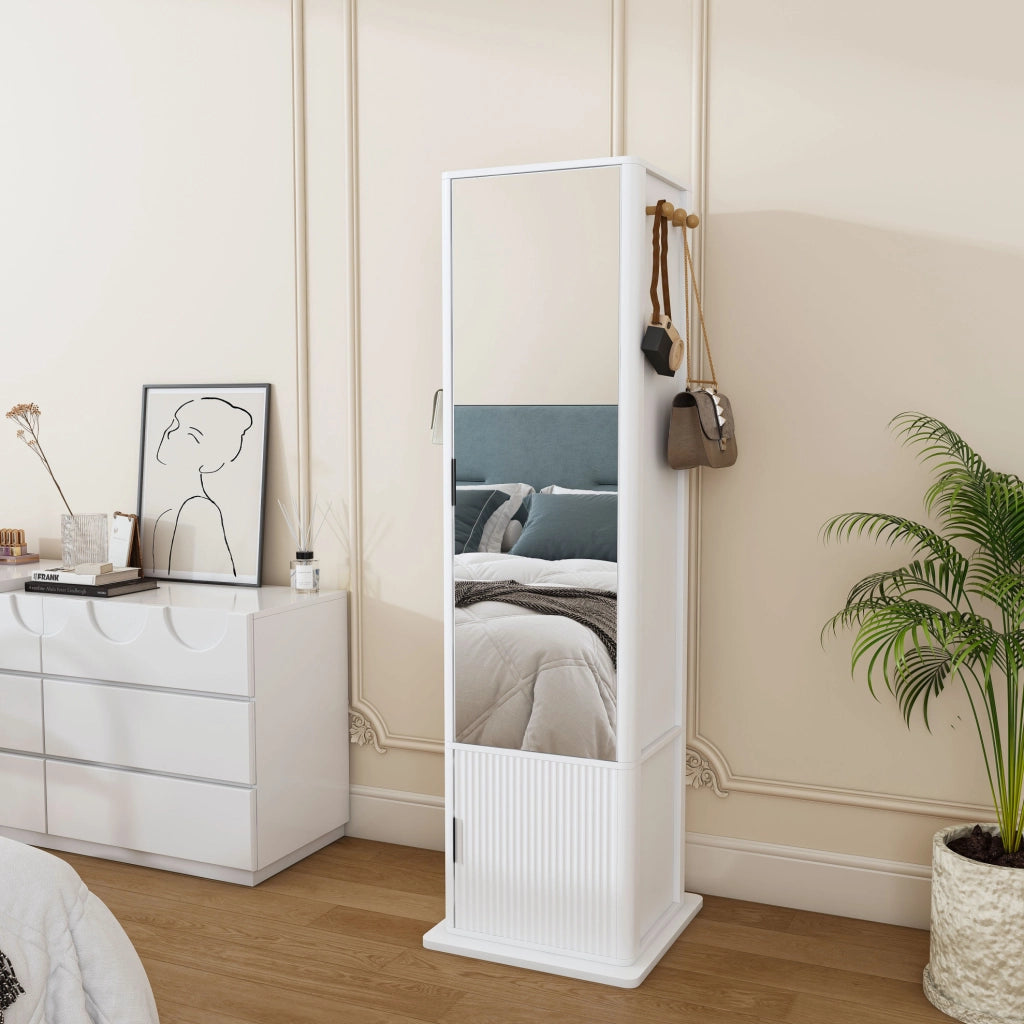 Mobile portagioie 4 in 1 girevole a 360° con specchio a figura intera; ripiani e 6 ganci; bianco
