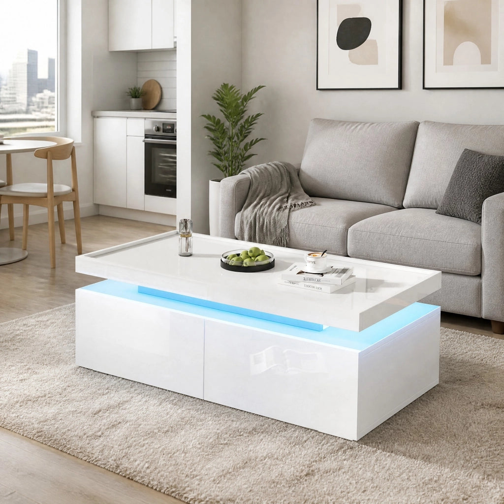 Tavolino da caff¨¨ 95x45x35 cm con LED, 2 cassetti in truciolare bianco
