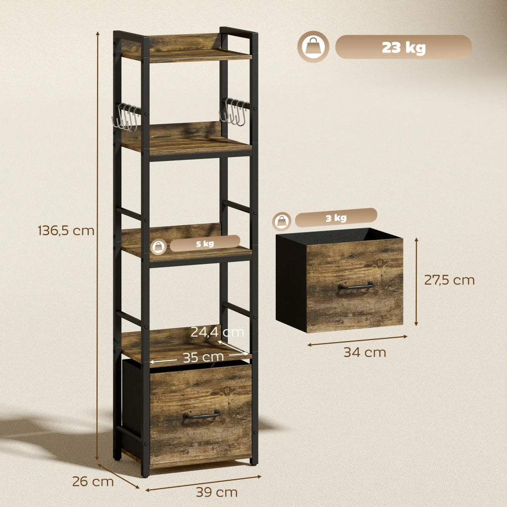 Libreria stretta a 4 ripiani con cassetto e 8 ganci, 39x26x136,5 cm, colore marrone rustico