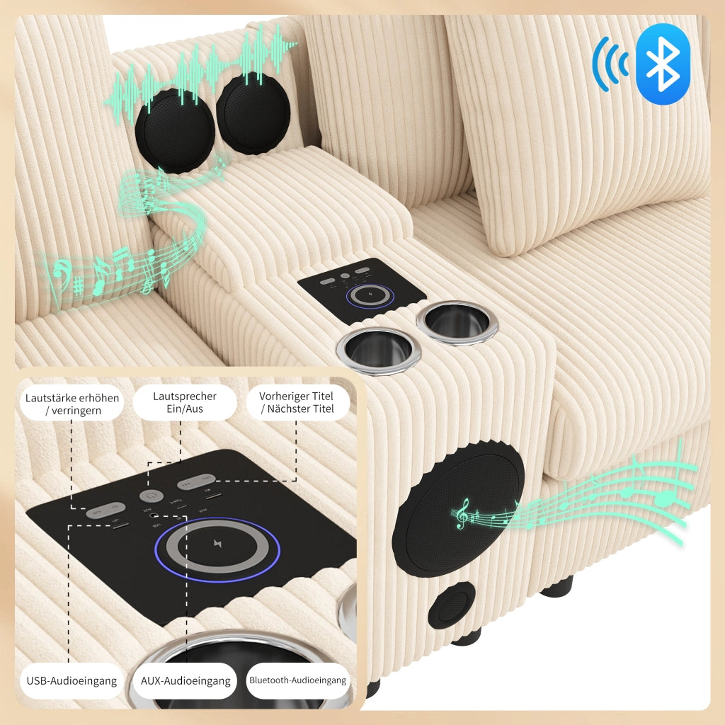 Divano modulare a U e L da 4 a 6 posti in velluto a coste beige con console Bluetooth ricarica e portabevande
