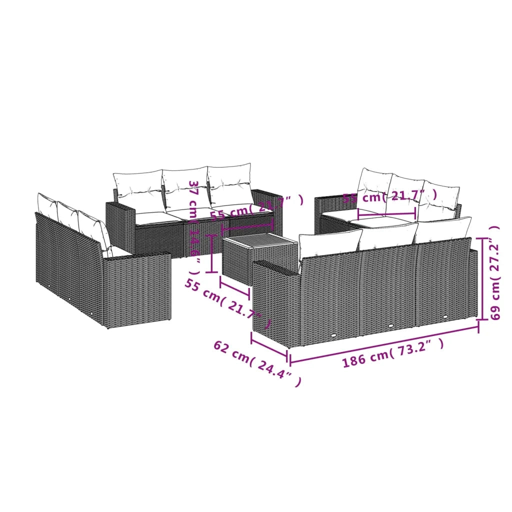 Set Divani da Giardino 13 pz con Cuscini Grigio in Polyrattan