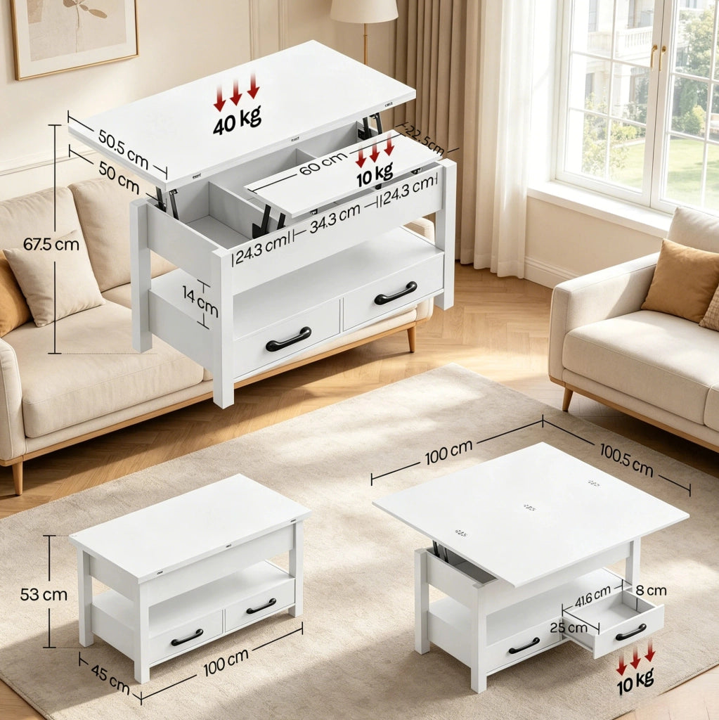 Tavolino da caff¨¨ ULEVR 100x50,5 cm estensibile con piano sollevabile, 2 cassetti e vano aperto, bianco