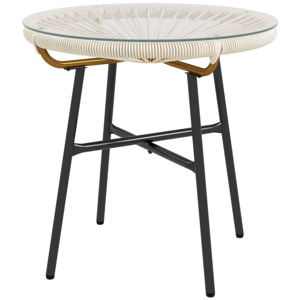 Tavolino da giardino rotondo ¨C zephmum ¨C resina effetto rattan, metallo, piano in vetro temperato, crema, ? 50 x 50 cm