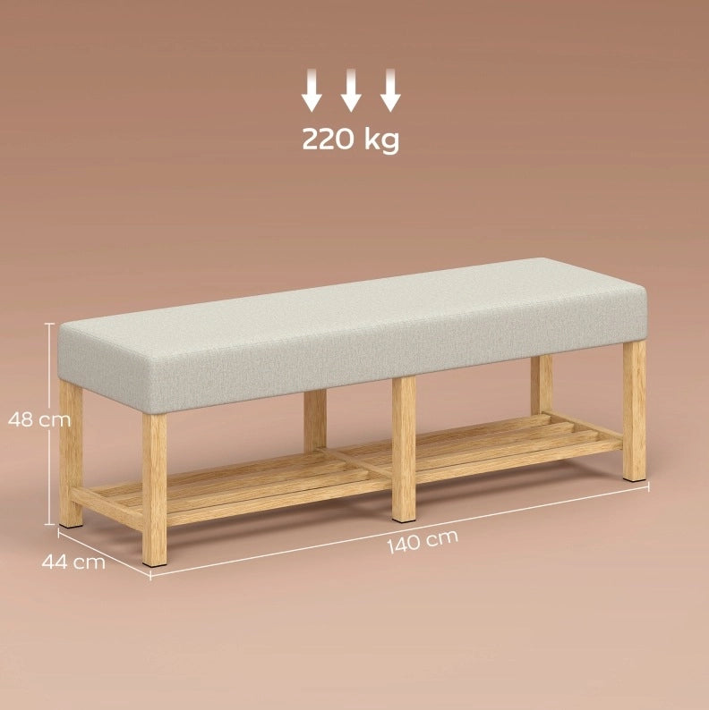 Panca portascarpe da ingresso 140 cm in legno di gomma con cuscino crema e vano aperto