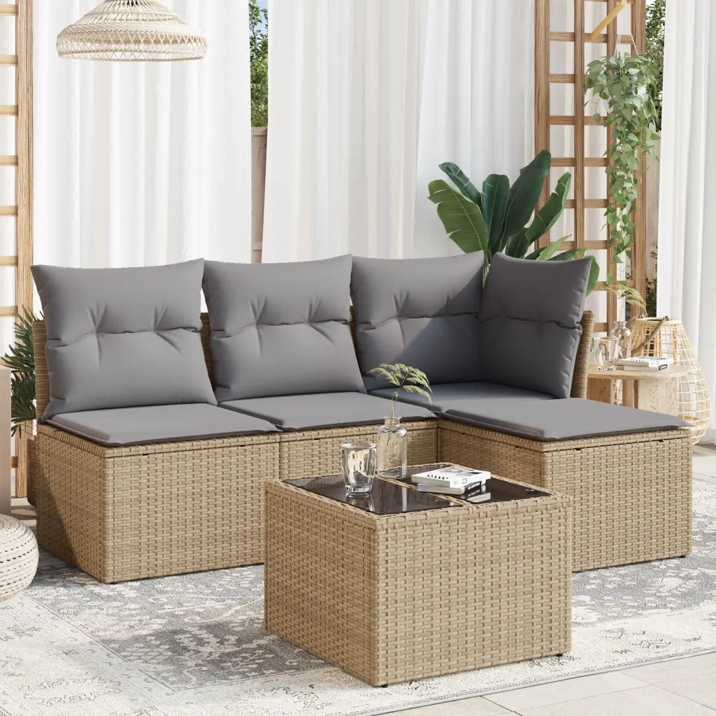 Set Divano da Giardino 5 pz | Set Salotto da Giardino con Cuscini Beige in Polyrattan