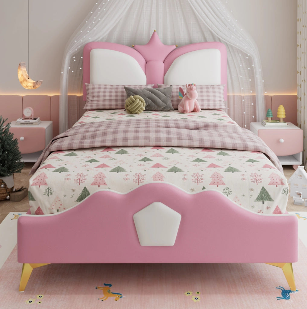 Letto imbottito per bambini 90x200 cm con testiera a corona in PU rosa e bianco
