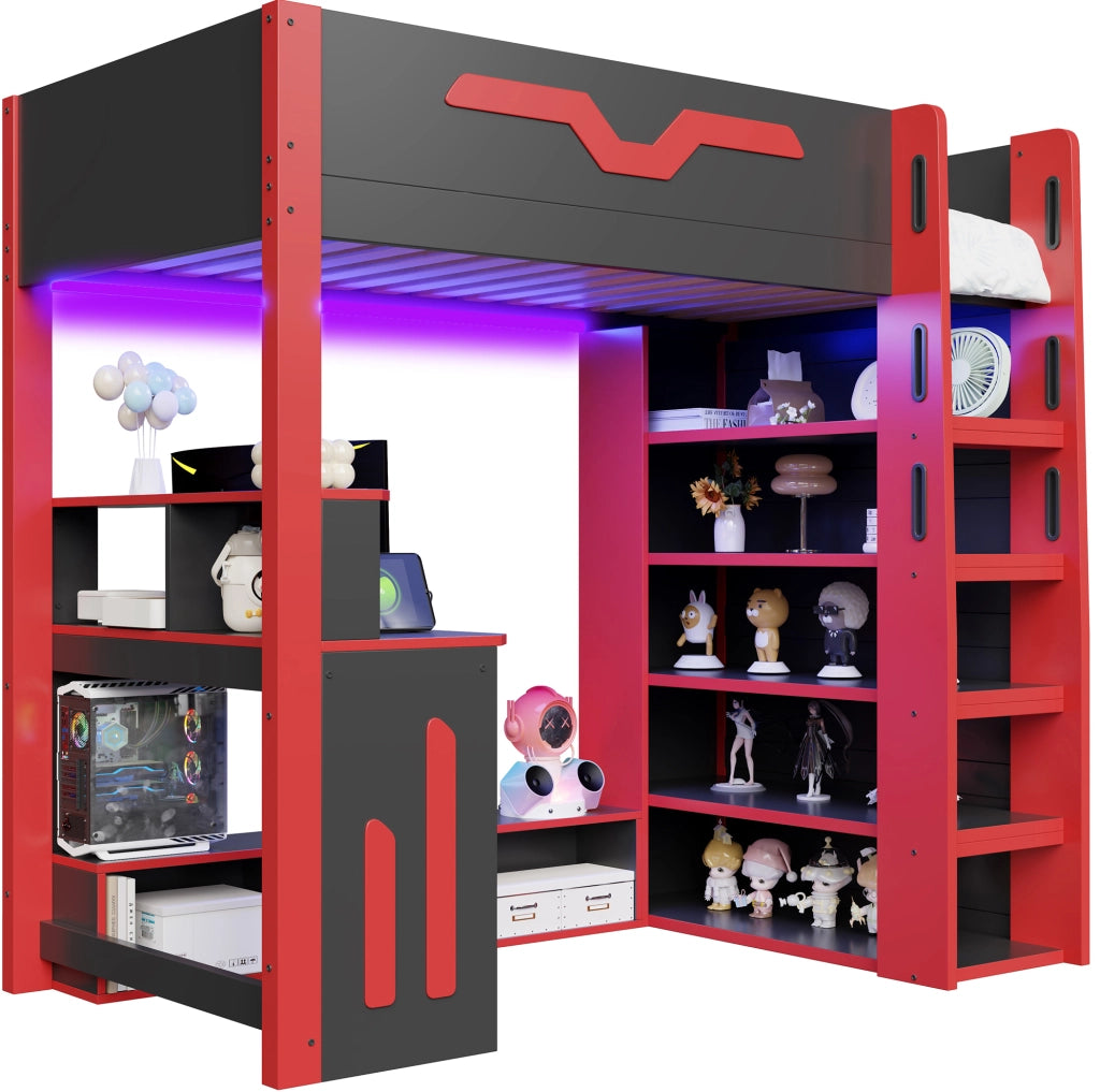 Letto a soppalco 90x200 cm nero e rosso con scrivania, LED e contenitori