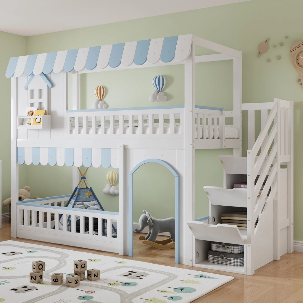 Letto a castello 90x200 cm bianco e blu con scala contenitore e finestre decorative