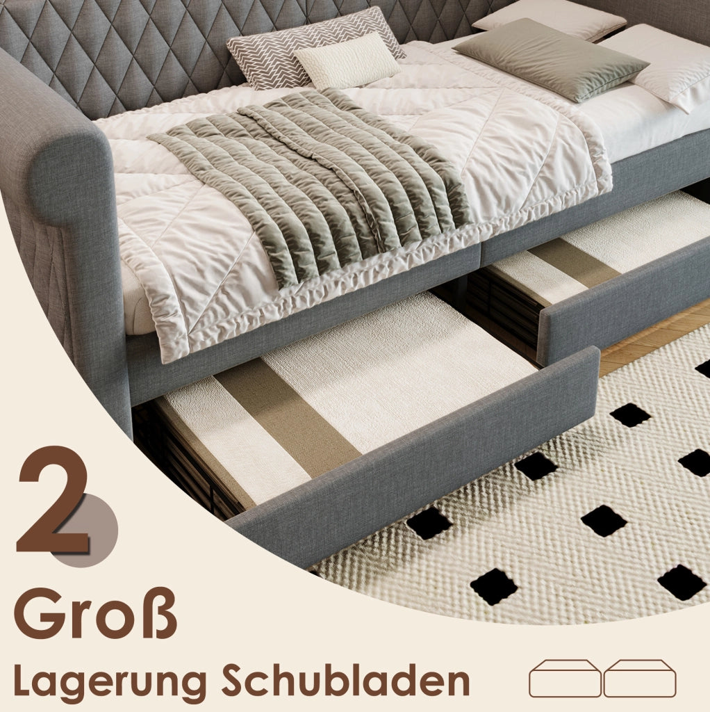 Divano letto vintage 90x200 cm in lino grigio con 2 cassetti