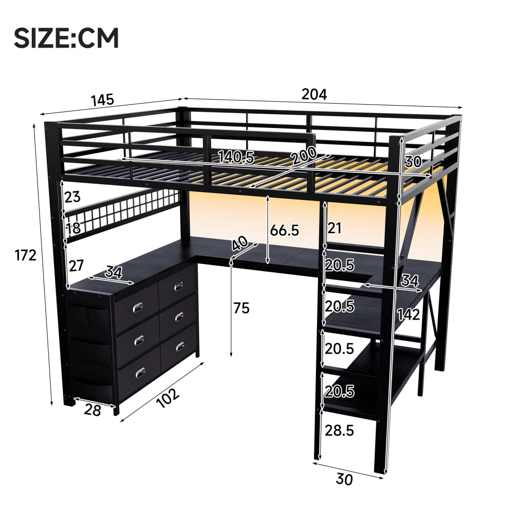 Letto a soppalco 140 × 200 cm con scrivania sei cassetti LED libreria in MDF e metallo nero