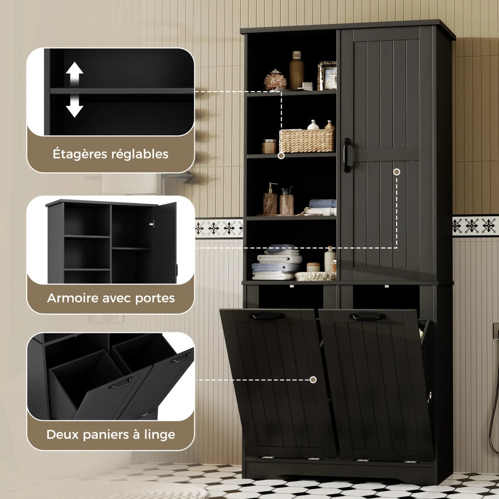 Mobile bagno nero con lavabo in ceramica integrato, superficie laccata. Lavabo 76x46,5x85,5 cm + armadio 78x35x172 cm. Include 2 ceste per biancheria.
