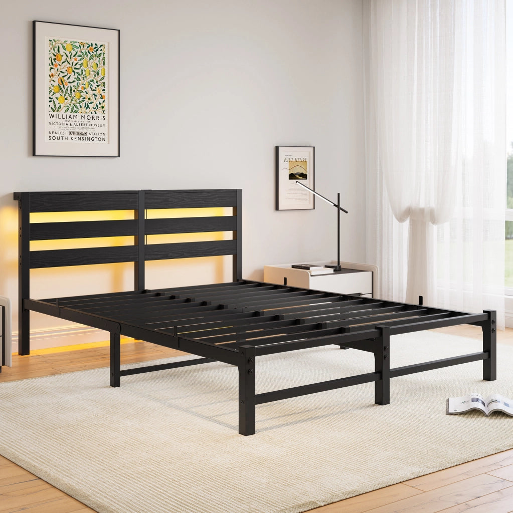 LETTO 140x200 cm in Metallo Nero con LED RGB, USB e spazio sotto letto
