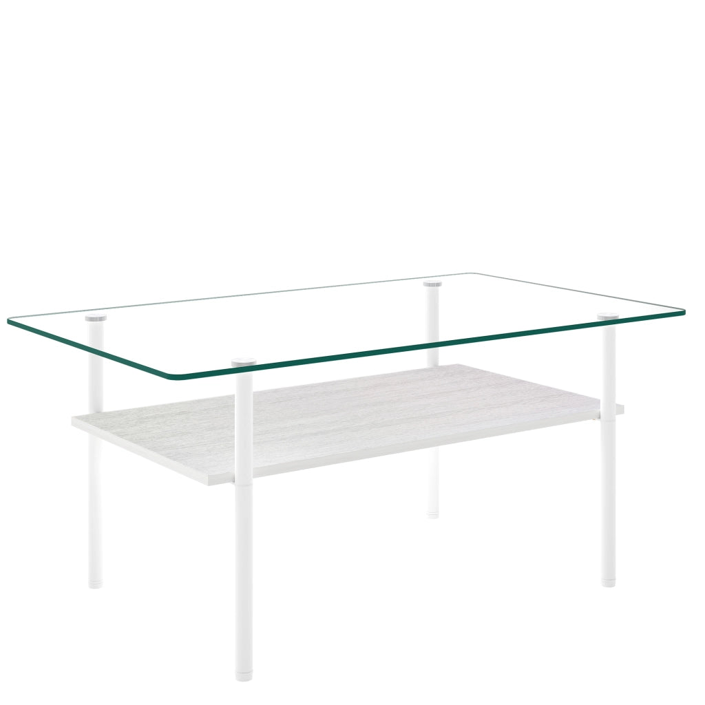 Tavolino basso fisso con piano in vetro temprato; ripiano in MDF e struttura in metallo bianco per soggiorno