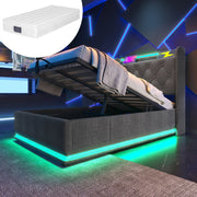 Letto imbottito singolo 90x200 cm, LED 360°, app/telecomando, contenitore idraulico, testiera con ricarica USB Type-C, lino grigio, con materasso