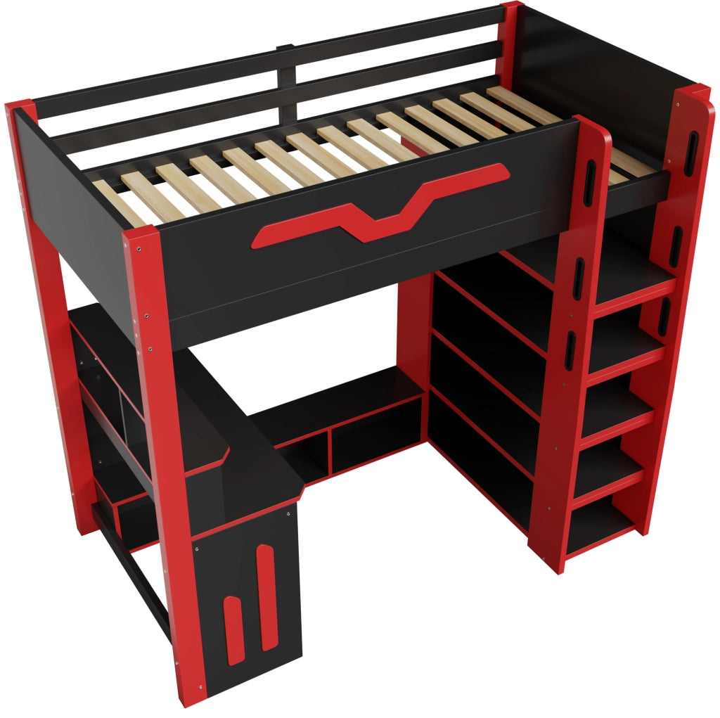 Letto a soppalco in legno 90x200 cm con scrivania, scaffalatura a più livelli, illuminazione LED e scala con contenitore, nero e rosso