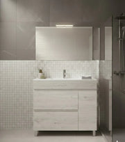 Mobile Bagno FENRIR Già Montato 2 cassetti e porta con piedini, lavabo e specchio Bianco nordico 80x45 cm