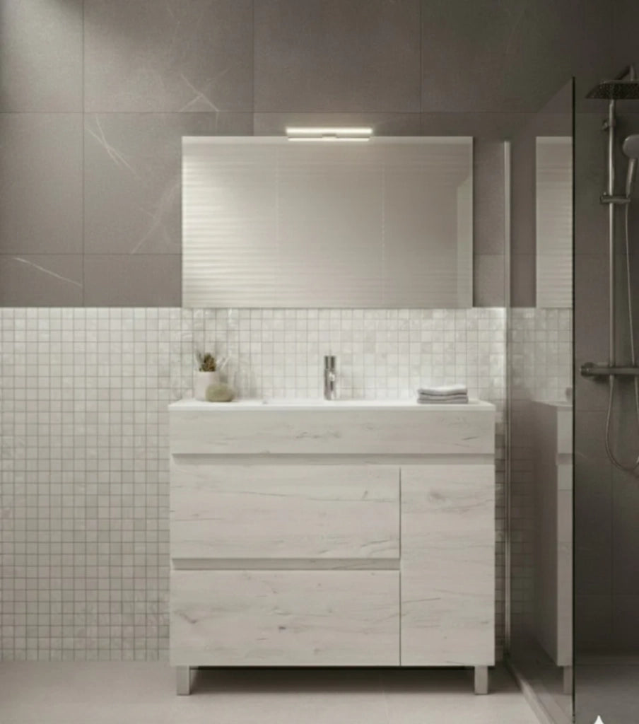 Mobile Bagno FENRIR Già Montato 2 cassetti e porta con piedini, lavabo e specchio Bianco nordico 80x45 cm