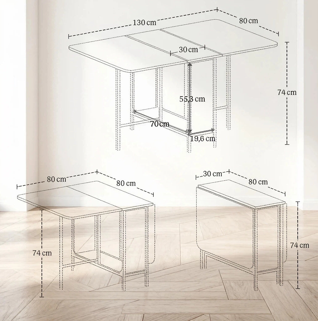 Tavolo da Pranzo Pieghevole con Ruote e Ripiano, Allungabile 130x80x74 cm, Grigio