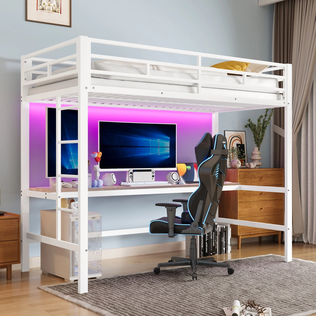Letto a soppalco - Zephmum- 90x200 cm - Bianco - Con scala, scrivania USB, luci LED app
