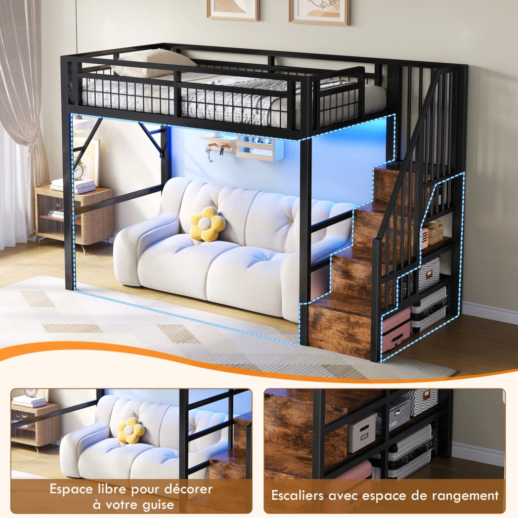 Letto a soppalco 90x200 cm con struttura in ferro, LED integrati e scaletta con contenitori, senza materasso, nero