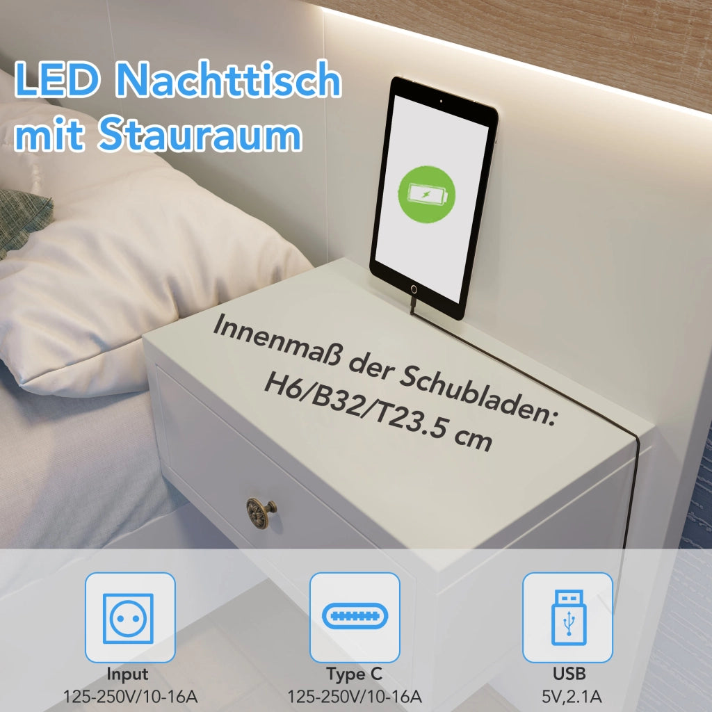 Letto matrimoniale 160 × 200 cm con 2 comodini LED rimovibili; USB e USB-C; rete a doghe; bianco e rovere Sonoma