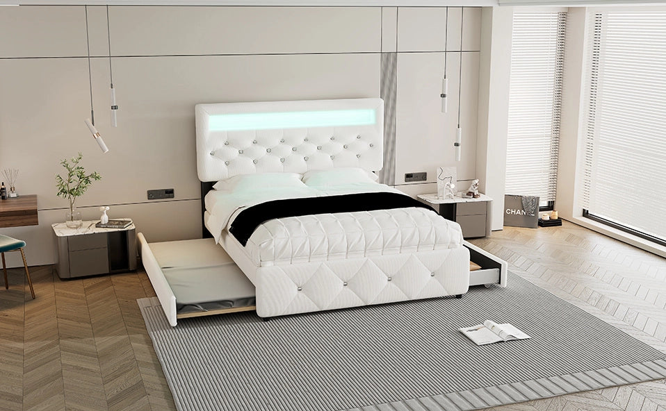 Letto matrimoniale imbottito 140x200 cm con letto estraibile, 2 cassetti e comodino con striscia luminosa, bianco