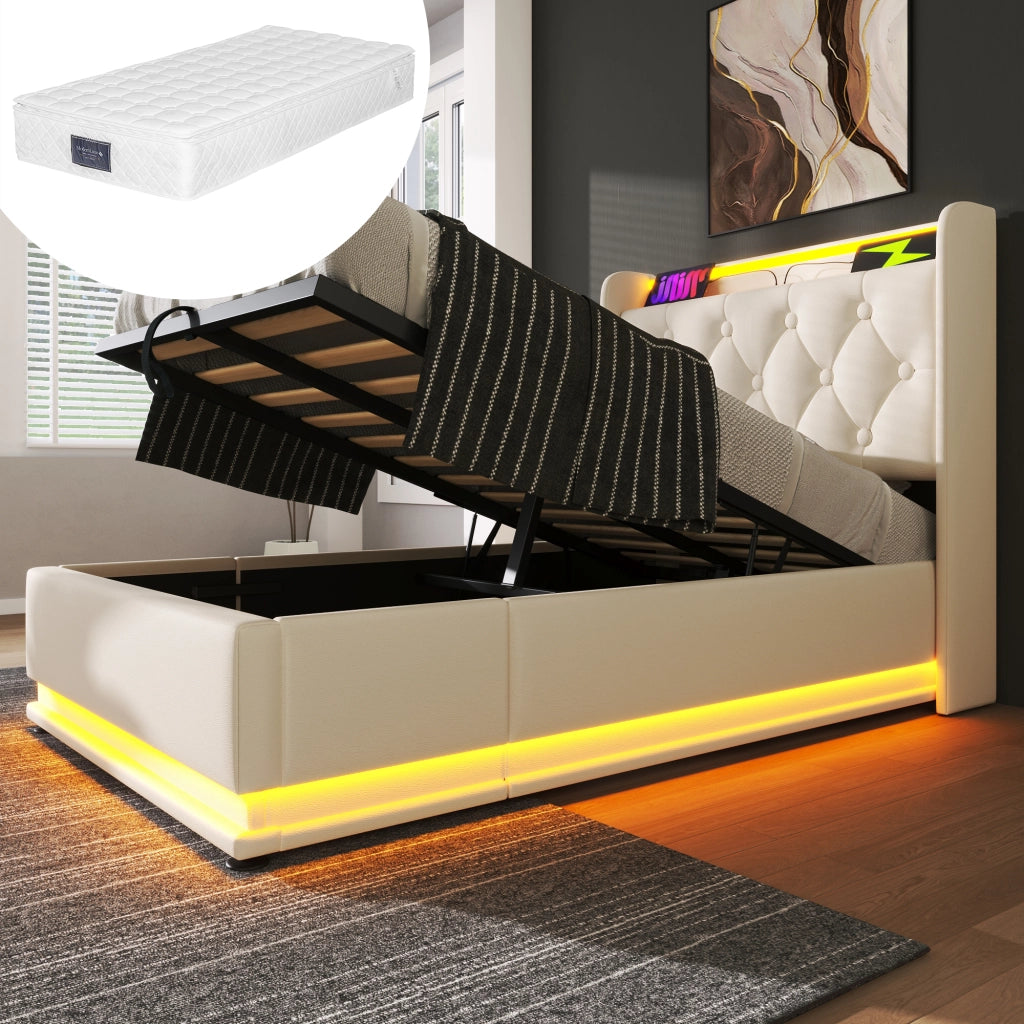 Letto singolo contenitore 90 × 200 cm con materasso LED a 360 gradi PU bianco USB e Type C