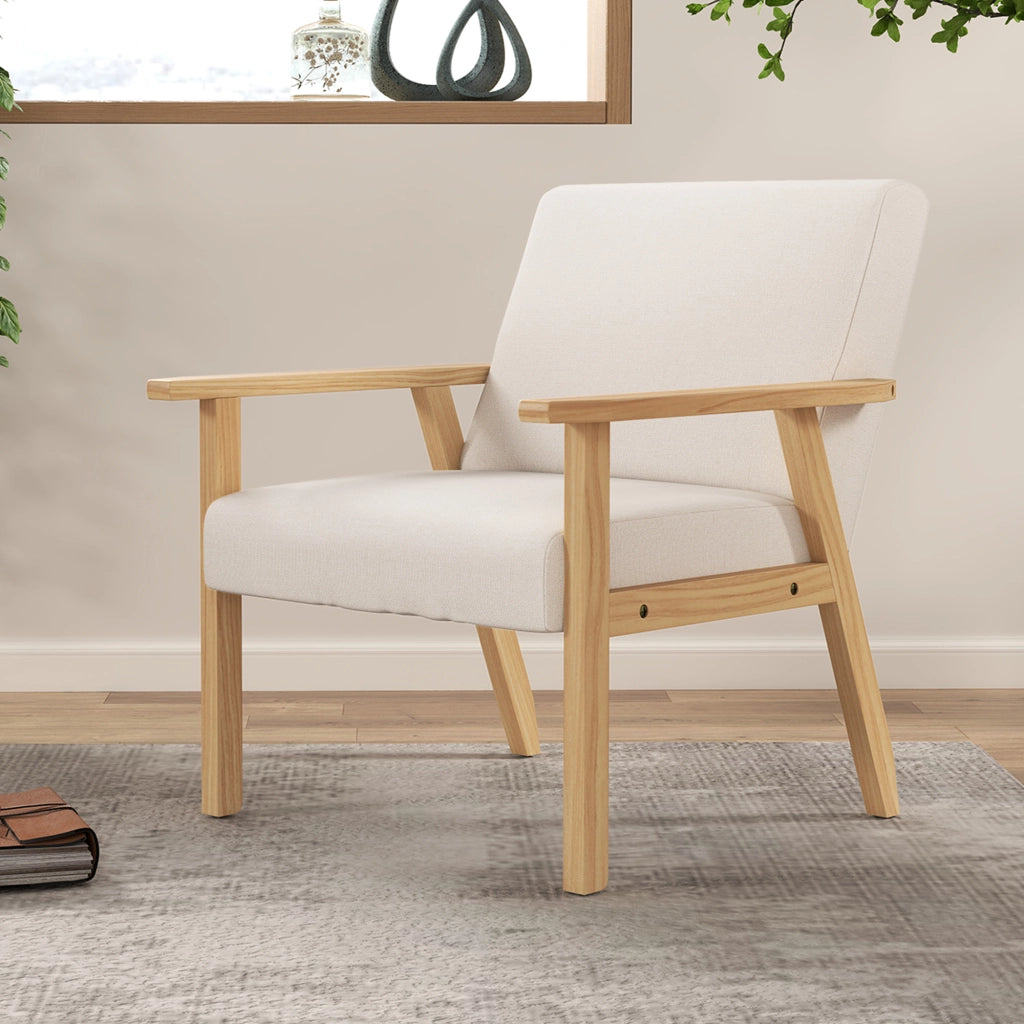 Poltrona con braccioli in tessuto effetto lino ¨C Xylo ¨C telaio legno massello crema 64x70x72 cm