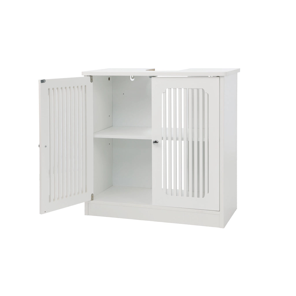 Mobile sottolavabo con 2 ante a lamelle e ripiano regolabile, bianco, per bagno e lavanderia, in MDF e truciolare