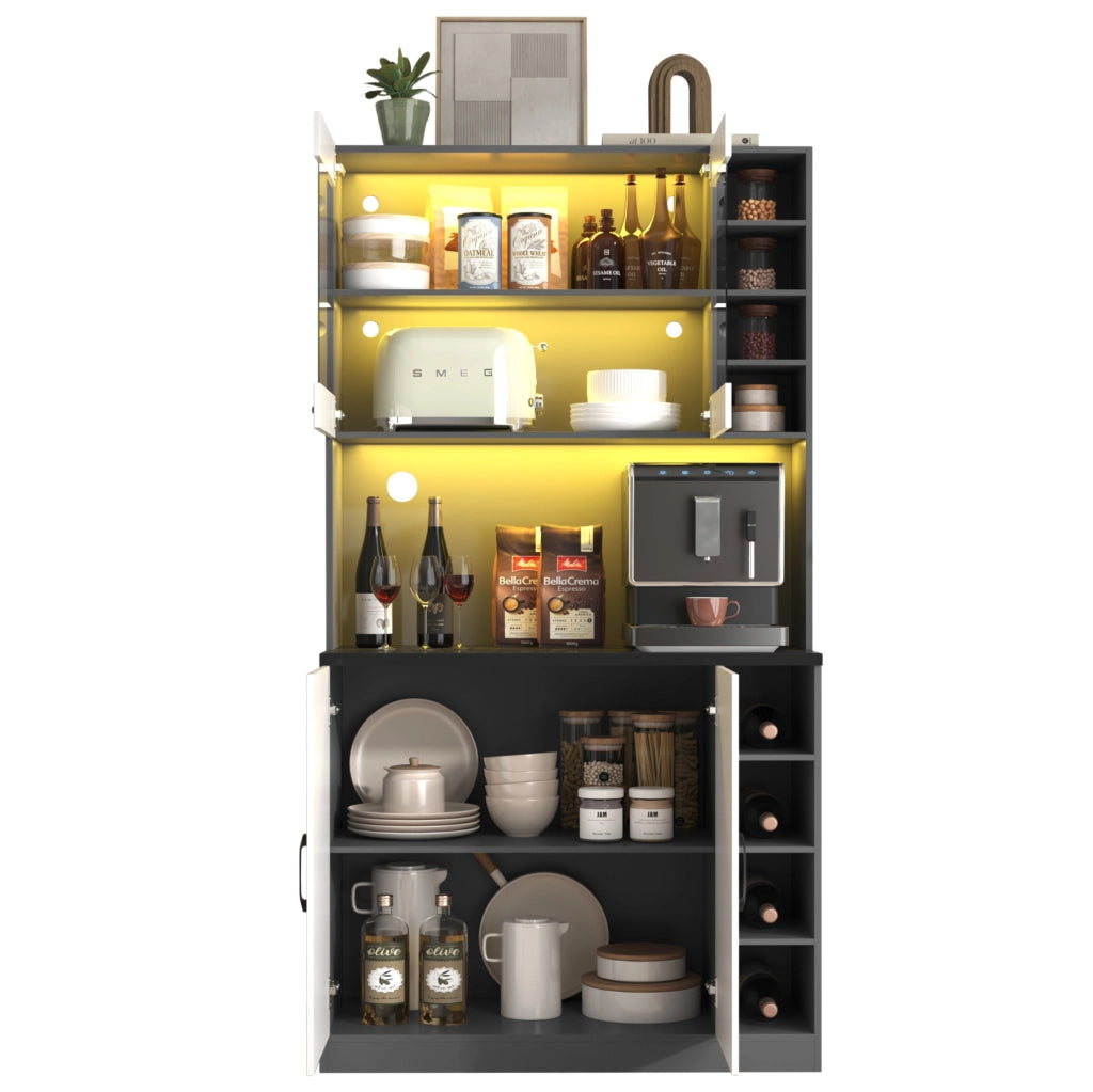 Credenza da cucina 100x47x187 cm grigio e naturale con LED e vano microonde