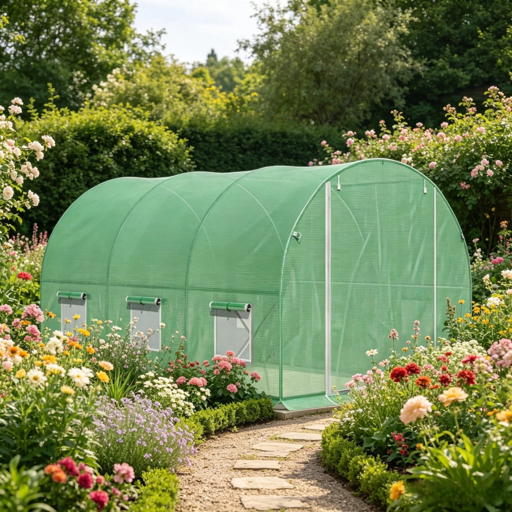 Serra da giardino a tunnel con telo in polietilene 140 g/m²; porta con zip e 6 finestre verde 2.98 × 1.96 × 1.98 m