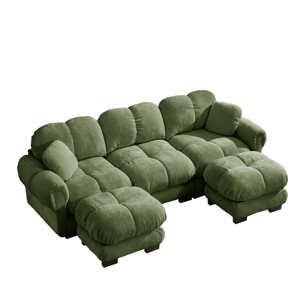 Divano a U da 3 posti in chenille verde con pouf mobile e due cuscini decorativi