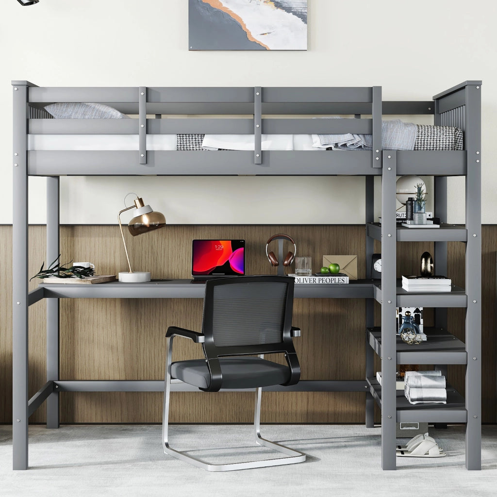 Letto a soppalco 90x200 cm in pino e MDF con scrivania; scaffali e sponde; grigio