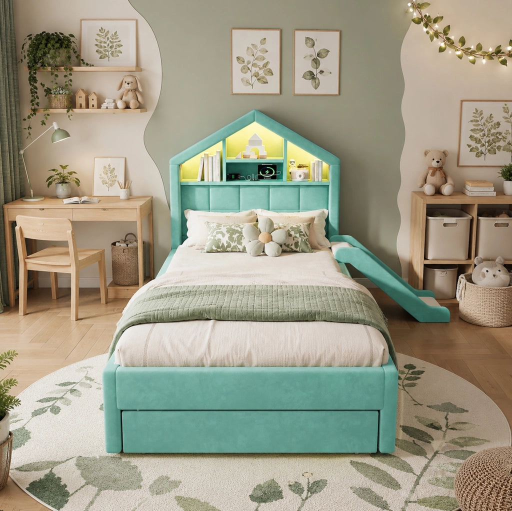 Letto bambini 90x200 cm blu verde imbottito con scivolo reversibile, illuminazione LED, porta di ricarica, ripiani e ampio contenitore sottoletto