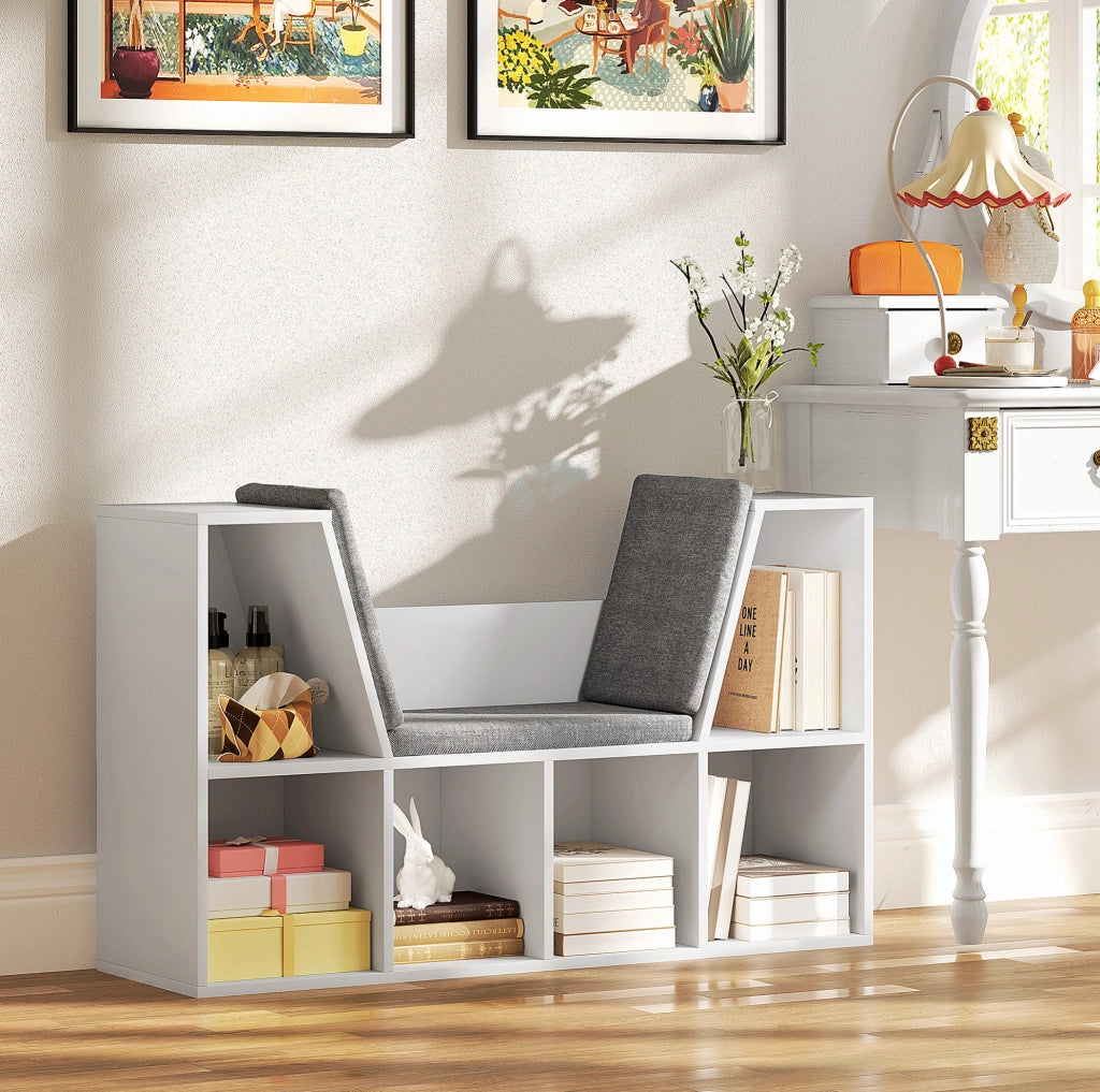 Libreria 105x30x63 cm in truciolare bianco con cuscino salvaspazio