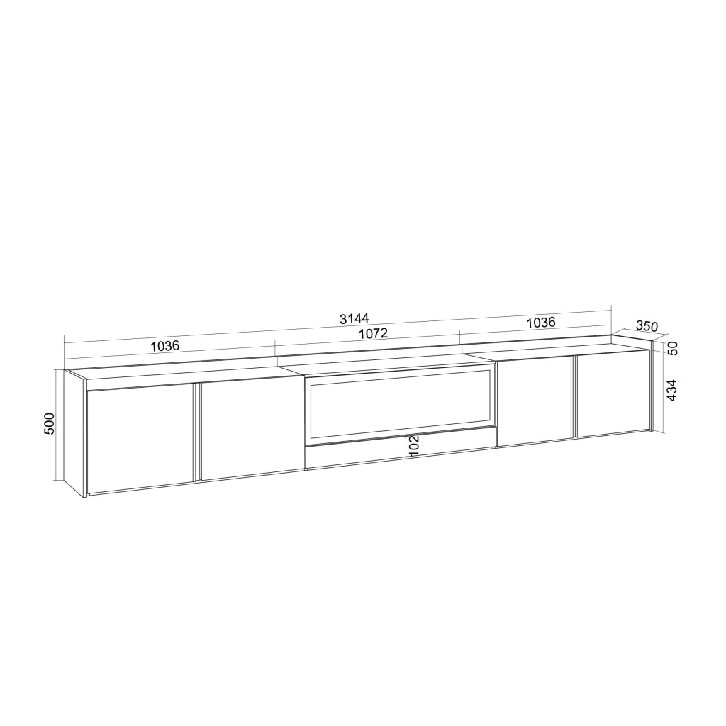 Mobile TV Soggiorno, 315x50x35 cm, Per TV fino a 80", Camino elettrico XXL, Sospeso, da appendere, LED, Rovere e nero