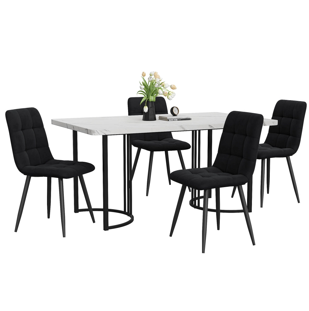 Set tavolo da pranzo 140x80 cm con 4 sedie in velluto nero; piano MDF bianco effetto marmo