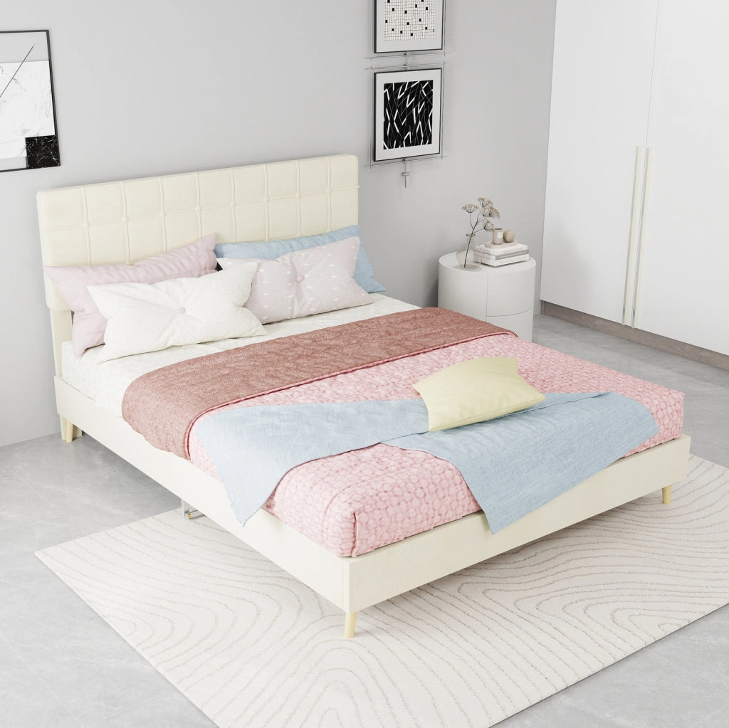Letto matrimoniale 140 x 200 cm in tessuto beige con testiera imbottita a quadri